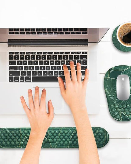 Ergonomic Mouse Pad and Keyboard Wrist Rest with Massage Design, Space-Saving Mouse Pad Wrist Support, Memory Foam Wrist Rest with Non-Slip PU Base for Computer Desk, Green Leaves