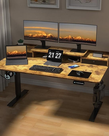 63 x 30 Inch Electric Standing Desk with 2 Drawers, Adjustable Height Widened Stand Up Desk with Storage, Sit to Stand Ergonomic Workstation for Home Office, Rustic Brown