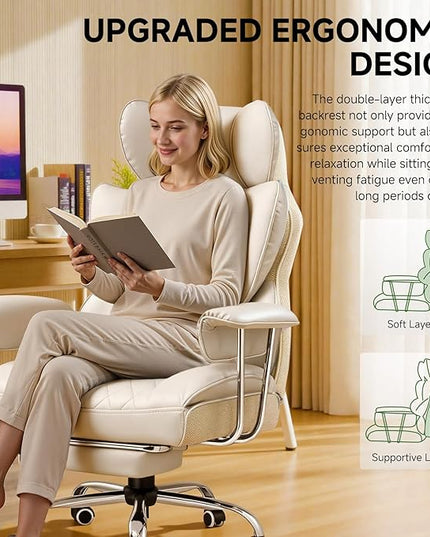 COMHOMA Big and Tall Office Chair, High Back Leather Gaming Chair with Footrest, Executive Ergonomic Office Chairs with Pocket Spring Lumbar Support and with Outward Fixed Soft Armrests