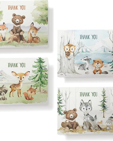 Twigs Baby Shower Thank You Cards with Envelopes - 12 Set Baby Shower Cards for Girl, New Baby Congratulations Cards, Welcome Baby Card, Made in the USA - Forest Animal Designs, 5.5 x 4.25 Inch Size