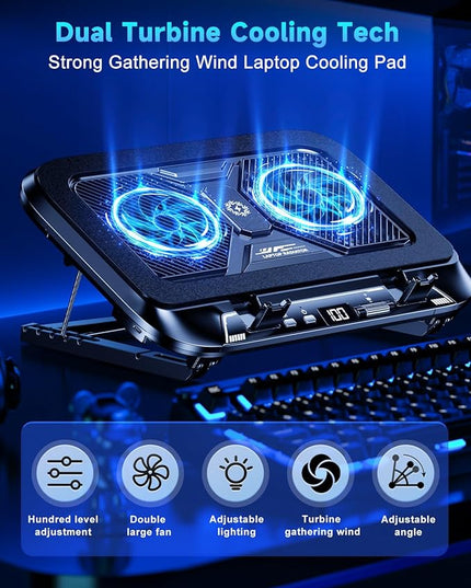 Laptop Cooling Pad with Dual Core Cooler, Gaming Laptop Cooler with 5.5in 2 Powerful Turbofan(9500 RPM), Fast Cooling Laptop 12-21in, 5 Height Stands, 100 Gear Speed, LCD Screen, RGB, Phone Holder