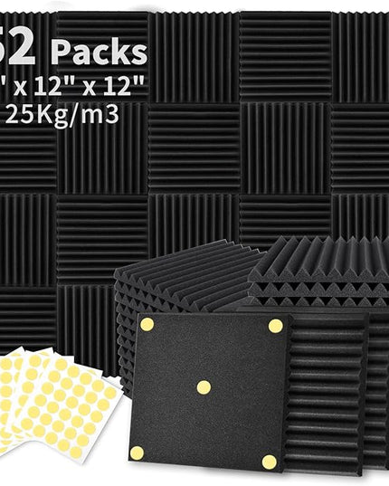 Focusound 52 Pack Acoustic Foam Panels 1" x 12" x 12" Sound Proof Foam Panles Soundproofing Noise Cancelling Wedge Panels for Home Office Recoding Studio with 300PCS Double-Side Adhesive