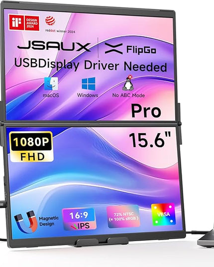 JSAUX FlipGo Pro 15.6" Dual Portable Monitors, 1080P FHD IPS Dual Screen Monitor, Triple Screen Laptop Monitor Extender for Wins/macOS (Driver Required) with Magnetic Design/Plug & Play/Built-in Hub