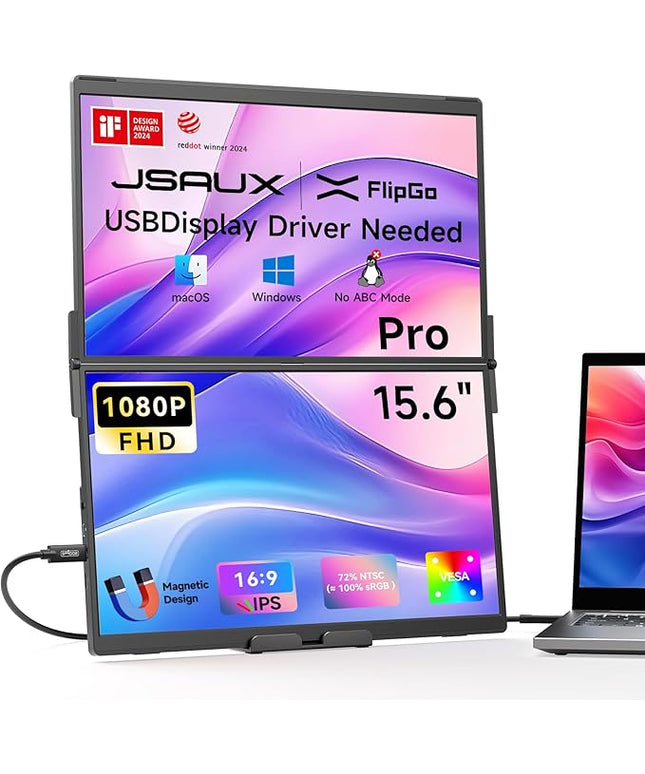 JSAUX FlipGo Pro 15.6" Dual Portable Monitors, 1080P FHD IPS Dual Screen Monitor, Triple Screen Laptop Monitor Extender for Wins/macOS (Driver Required) with Magnetic Design/Plug & Play/Built-in Hub