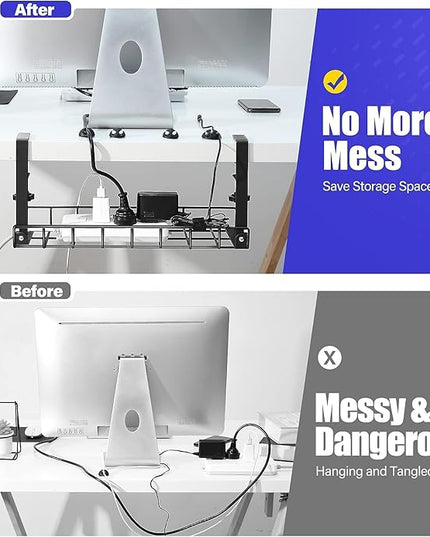 Under Desk Cable Management Tray, Xpatee Upgraded Wire Management No Drill No Screws, Cable Tray with Clamp for Wire Organizers, Computer Cord Rack for Office, Home - No Damage to Desk Black