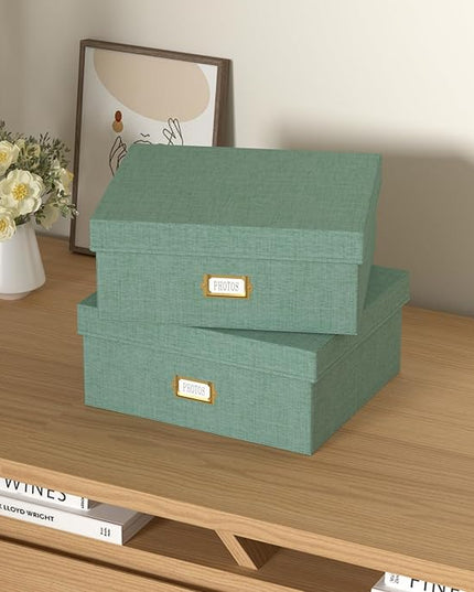 Decorative Photo Storage Box - 2 Pack Linen Photo Box Organizer with Dividers, Fits Holds Up to 1700 Pictures and 4x6 Photos, Memory Keepsake Organizer for Scrapbook Supplies, Cards, Stamps (Green)