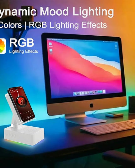 Wireless Induction Bluetooth Speaker, 5-in-1 Foldable Phone Holder, 1500mAh Emergency Charging, Colorful LED Ambient Light, Tech Gadgets Gifts for Men Women, for iPhone Android Tablet, Ivory