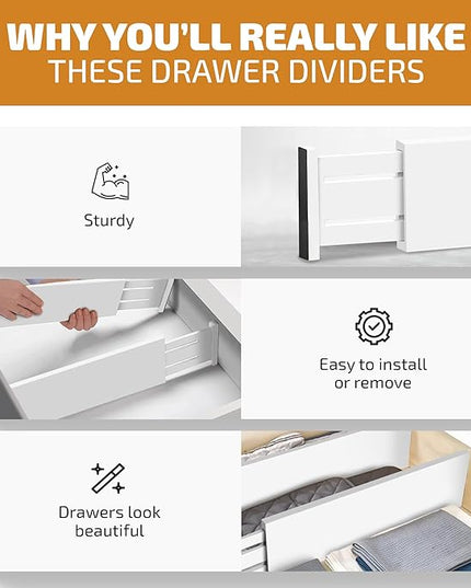 6 Pack Drawer Dividers 4 Inch High, 11”-17" Adjustable Bamboo Organizers Large Expandable Drawer Separators for Cloths, Dresser, Bedroom, Bathroom, Baby Drawer, Office & Kitchen Utensils (White)