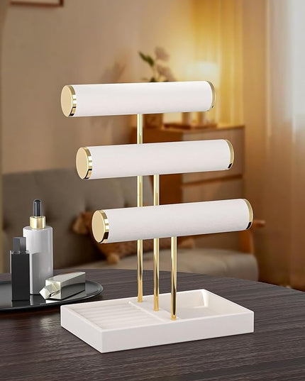 3-Tier Jewelry Bracelet Organizer Holder,Dresser Velvet Necklace Display Stand for Women,Jewelry Storage Rack for Bracelet,Necklace,Ring,Watch,Earring,Perfect Bedroom Accessory (Beige)