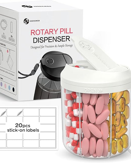 Pill Dispenser with 7 Large Compartments, 4.4" H x 3.6" Dia Pill Bottle Organizer for Travel, Supplement Organizer with Anti-Mixing Design, BPA-Free Pill Container with 20 Pcs Labels, Beige