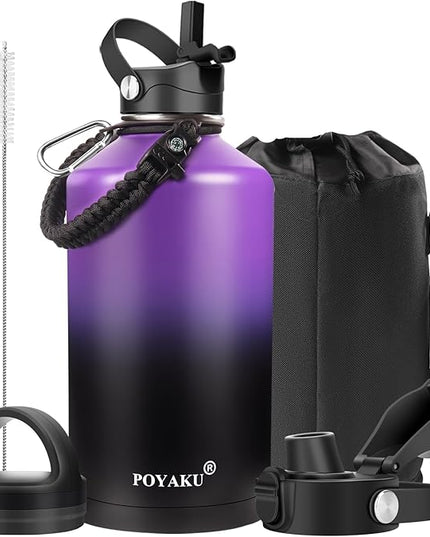 Water Bottle Insulated 32oz 40oz 64oz 128oz Straw Lid Spout Lid & 3 Lids, Leak Proof, Vacuum Insulated,Stainless Steel Water Bottle Wide Mouth for Sports, Gym or Office