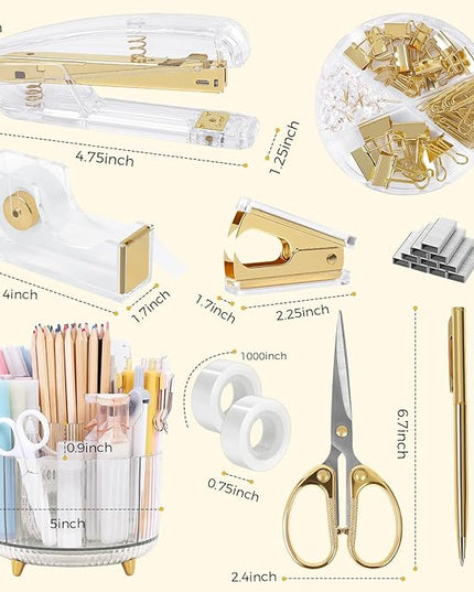 SKYDUE Gold Office Supplies Set, Pencil Holder for Desk,Gel Pen, Stapler, Tape Dispenser, Scissors,Clips and 1000pcs Staples, Office Decor for Women, Gold Desk Accessories