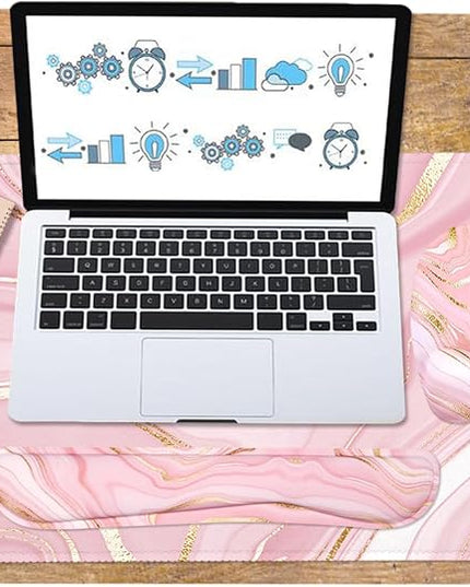 Keyboard Wrist Rest Large Mouse Pad Wrist Support for Computer, 4 in 1 Memory Foam Keyboard Pad Desk Mat Ergonomic Hand Rest Wrist Cushion for Home Office Gaming - Pink Marble