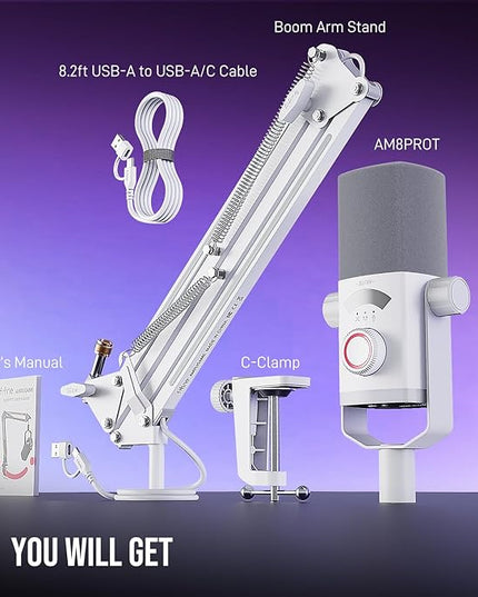 FIFINE Streaming Microphone Kit for Gaming, XLR/USB Dynamic Mic with RGB Boom Arm Stand for Podcast Vocal, PC Microphone with Mute Tap, 3-in-1 Volume Knob, Audio Balance-AmpliGame AM8PROT White