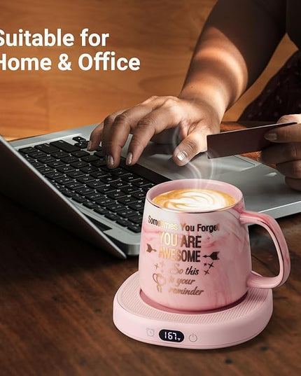 Coffee Mug Warmer & You are Awesome Mug Set, Electric Cup Warmer for Desk, Beverage Warmer with 4 Temperature Setting, 8-Hours Auto Shut Off