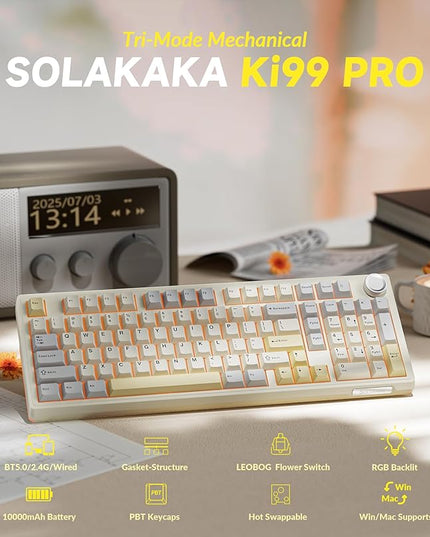 SOLAKAKA KI99 Pro 96% Wireless Gaming Keyboard, RGB Creamy Keyboardw with Knob, Hot-Swappable Pre-Lubed Switches, Gasket Structure Mechanical Keyboards (Beige-White, Non-Silent Version)