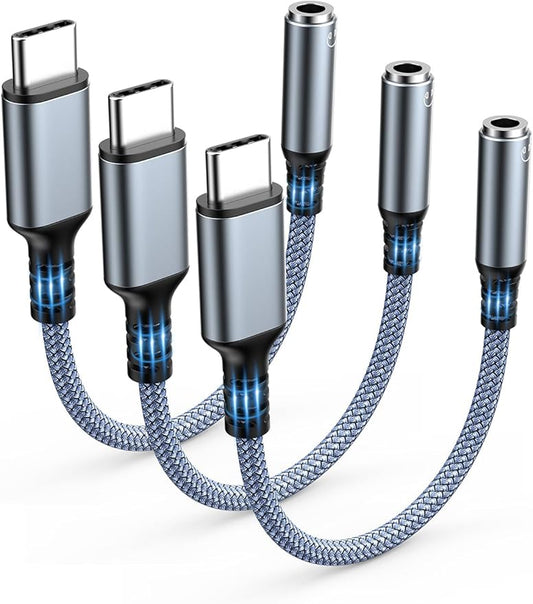 Highwings USB Type C to 3.5mm Female Headphone Jack Adapter, (3-Pack) USB C to Aux Audio Dongle Adapter Compatible for iPhone 16 Pro Max/16 Pro/16 Plus, Samsung Galaxy S23/S22/S21 Ultra,iPad Pro-Grey