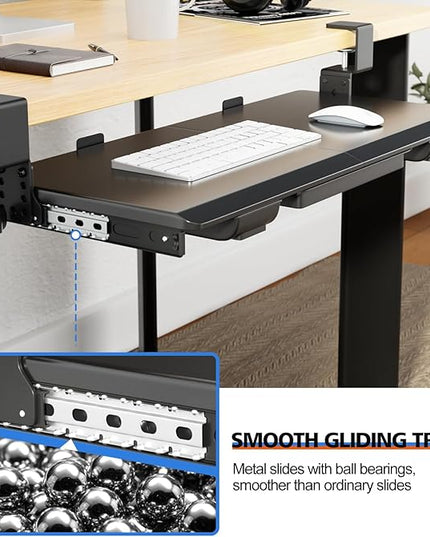 Large Height Adjustable Keyboard Tray with Sturdy C-Clamp Mount and Storage Drawer, 27"(31" Including Clamps) x 12" Slide Out Ergonomic Keyboard Trays for Home and Office, Black