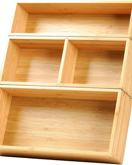 Umilife Drawer Organizer Storage Boxes, 2.5" High Bamboo Drawer Dividers, 3 Rearrangeable Bins for Kitchen, Office Desktop, Clothing, Makeup, vanity, Jewelry