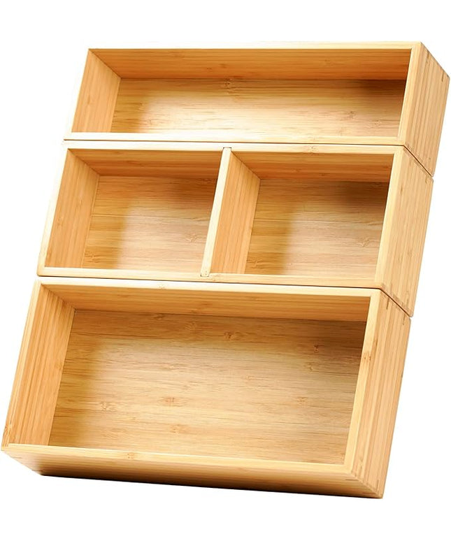 Umilife Drawer Organizer Storage Boxes, 2.5" High Bamboo Drawer Dividers, 3 Rearrangeable Bins for Kitchen, Office Desktop, Clothing, Makeup, vanity, Jewelry