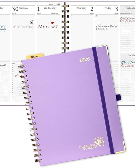 POPRUN 2026 Planner (Large Size 10'' x 8'' Wire-Bound Hard Cover) Daily Weekly and Monthly Calendar - Agenda 2026 (Jan.2026-Dec.2026) with Hourly Schedule, Monthly Tabs - Violet