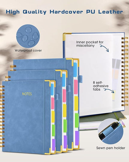 Hardcover Spiral Notebook 8.5"x11" Journal with Removable Dividers Tabs, 300 Pages Leather 5 Subject Notebook College Ruled, Large Notebooks for Work School, Lined Journal for Women, A4 Light Blue
