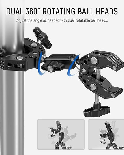 Neewer Double Super Clamp Camera Mount with Magic Arm, Cold Shoes for Desk Studio Light Stand Holder Photography Reflector, Flag, Cross Bars, Motorcycle, Umbrella, Pole Stick Shoot Accessories Tools