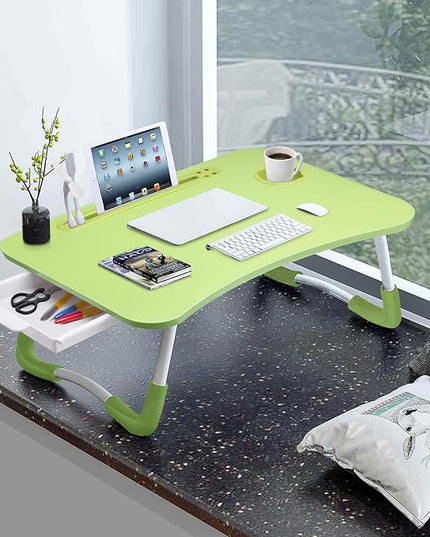 Slendor Lap Desk with Tablet Slot, Foldable Laptop Table with Storage Drawer for Bed，Portable Bed Desk for Laptop, Computer Tray with Cup Holder Notebook Stand Reading Holder for Couch Floor, Green