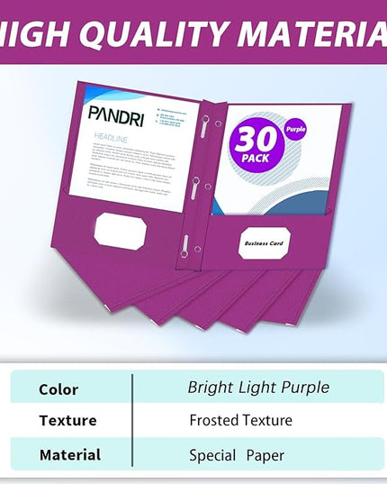 Two Pocket Folders, PANDRI 30 Pack Two Pocket Folders with Prongs, 3 Prong Folders Designed for Office and Classroom, Letter Size Purple