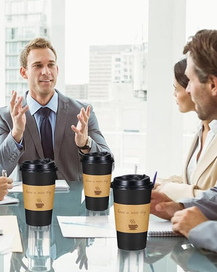 Lamosi 16 oz Coffee Cups with Lids 100 Pack, 16 oz Disposable Coffee Cup with Stir Sticks and Sleeves, To Go Hot Paper Cup for Home, Travel, Office