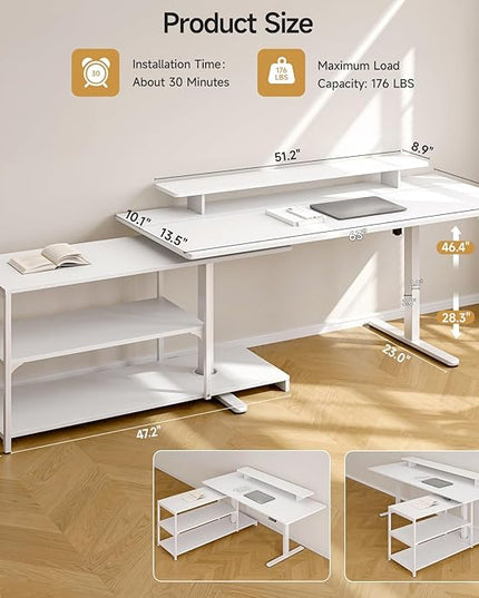 ONBRILL L Shaped Standing Desk with File Cabinet, 63x24'' Electric Stand Up Desk with Monitor and Storage Shelf, Adjustable Height 28-46'' for Home and Computer Workstation, White