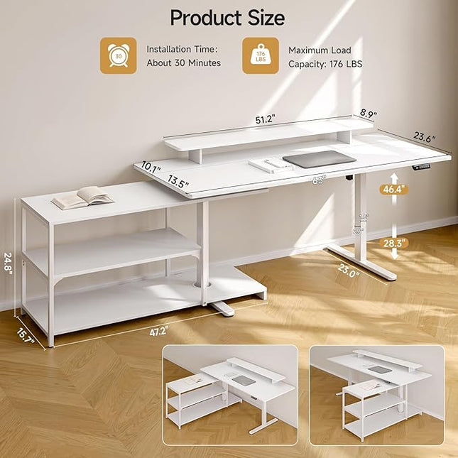 ONBRILL L Shaped Standing Desk with File Cabinet, 63x24'' Electric Stand Up Desk with Monitor and Storage Shelf, Adjustable Height 28-46'' for Home and Computer Workstation, White