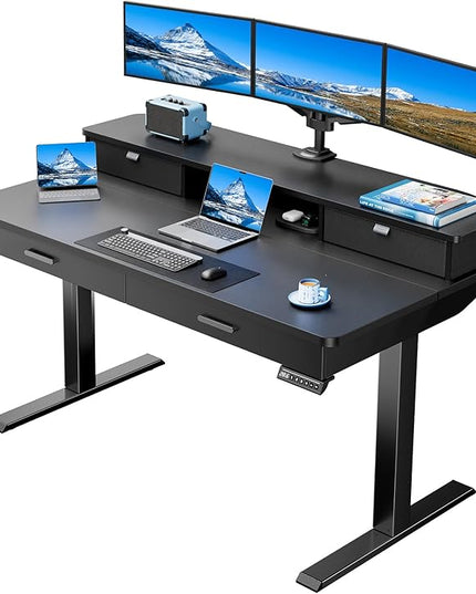 HUANUO 55 x 30 inch Electric Standing Desk with Wood Drawers,Stand up Home Office Desk Adjustable Height with Two Tiers, Ergonomic Stand up Desk with Monitor Stand, Black