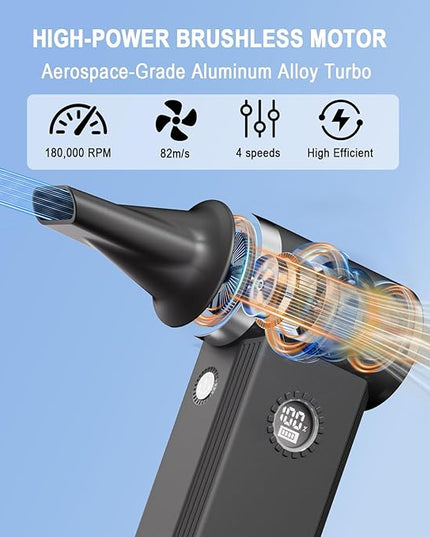 Cordless Electric Air Duster - 180K RPM Brushless Motor, 45W SuperFast Charge, 29.6Wh Rechargeable Battery, 4-Speed Adjustable Dust Blower for PC Cleaning, Electronics, Car & Woodworking, Black