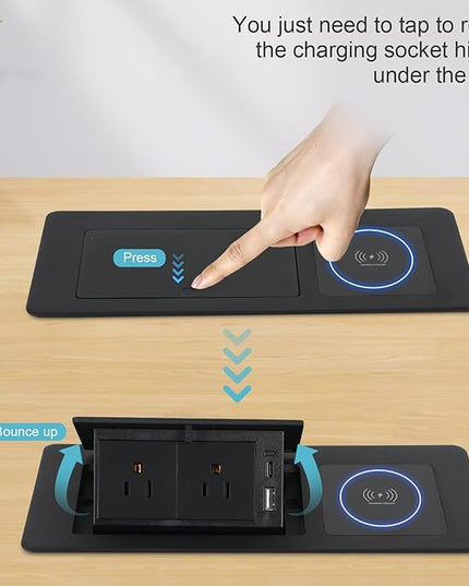 Pop Up Outlet with 15W Wireless Charger, Power Strip with 2 AC Outlets, USB A and USB C Charging Ports Recessed Multimedia Strip Socket Hidden Table Connection Box with Outlet (Black-F-Wireless)