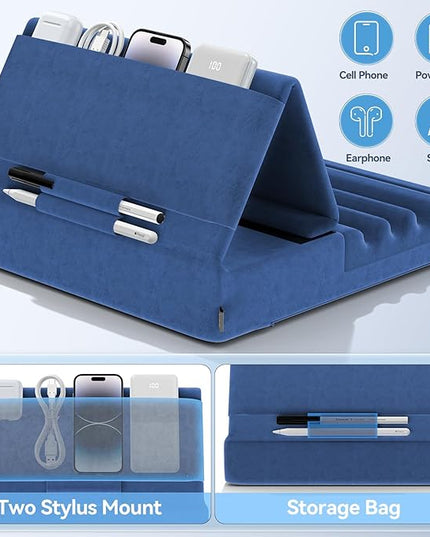 KDD Tablet Pillow Holder, Foldable iPad Stand for Lap, Bed and Desk -Tablet Soft Pad Dock with Pocket & Stylus Mount Compatible with iPad Pro 12.9, 10.5, 9.7 Air Mini 6 5 4 3, Galaxy Tab,E-Reader