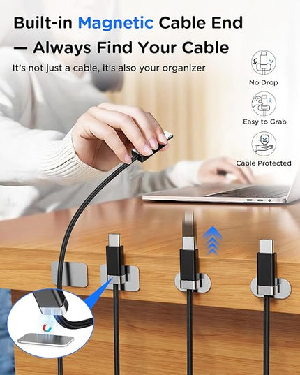 Magtame USB A to USB C Cable 5FT, StayCable with Built-in Magnetic Holder for Nightstand/Desk/Car, Type C Fast Charging Anti-Fall Cord with 2 Adhesive Metal Plates, Braid USB Data Cable for iPhone 17