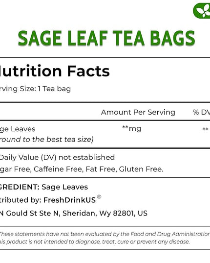 FreshDrinkUS, Premium 35 Sage Leaf Tea Bags, 100% Natural & Pure from Sage Leaves. Loose Leaf Herbal Tea. Made with Natural Material Tea Bags. No Sugar, No Caffeine, No Gluten, Vegan.