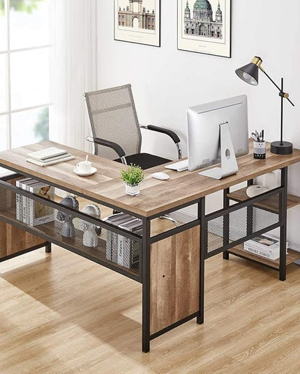 FATORRI L Shaped Computer Desk with Wood Shelves, Industrial Rustic Home Office Corner Desk with Metal Legs (Rustic Oak, 59 Inch)