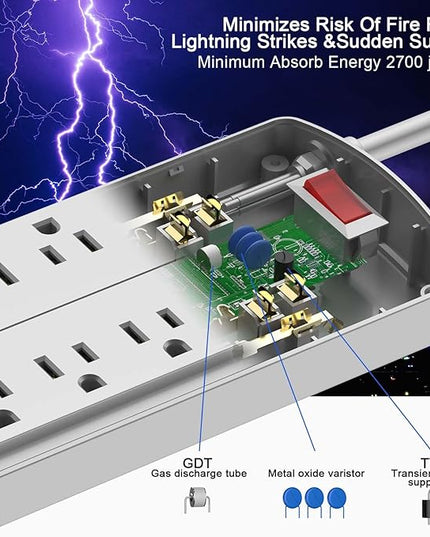 Power Strip, ALESTOR Surge Protector with 12 Outlets and 4 USB Ports, 6 Feet Extension Cord (1875W/15A), 2700 Joules, ETL Listed, Grey