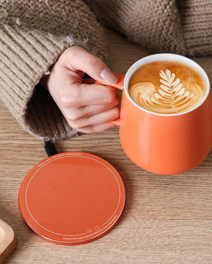 APEKX Warm Cup Coffee Mug Warmer Set - Smart Stable Constant Temperature 131°F, 15W Wireless Charging, 12.8 oz Capacity - Supports USB-C Interface, Automatic Power On/Off Function (4 H). (Tangerine)