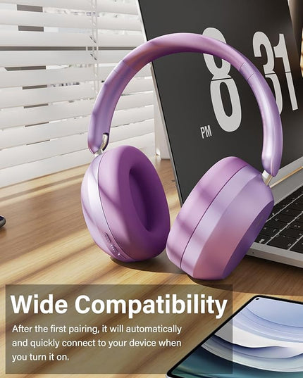 Wentronic Y05 Bluetooth Headphones Wireless Over Ear Noise Cancelling with Microphone 48 Hours Playtime, High Sound Quality Foldable Soft Earpads Headphones for Travel-Purple