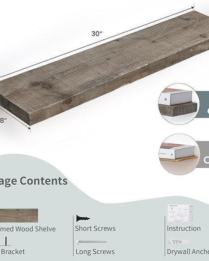 Floating Shelves, 8 Inch Deep Rustic Solid Reclaimed Wood Wall Shelves for Storage, Wall Mounted Display Shelving with Invisible Heavy-Duty Metal Bracket, 30 Inch Width Set of 2, Grey