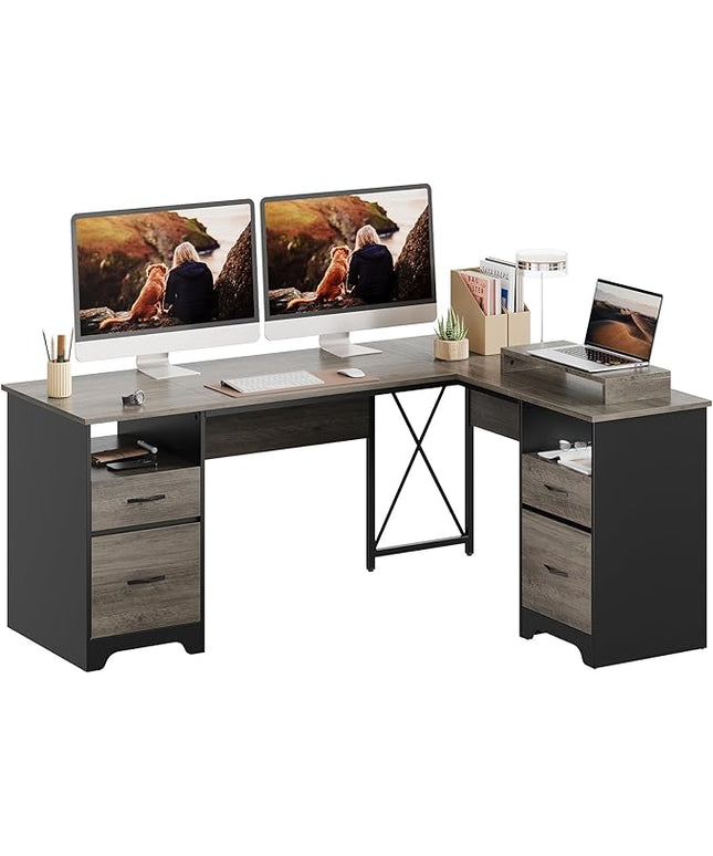 Bestier L Shaped Desk with 4 Drawers, 63" x 47" Executive Desk with Open Storage & Monitor Stand, Corner Desk with 2 File Drawers & Modesty Panel for Home Office, Gray