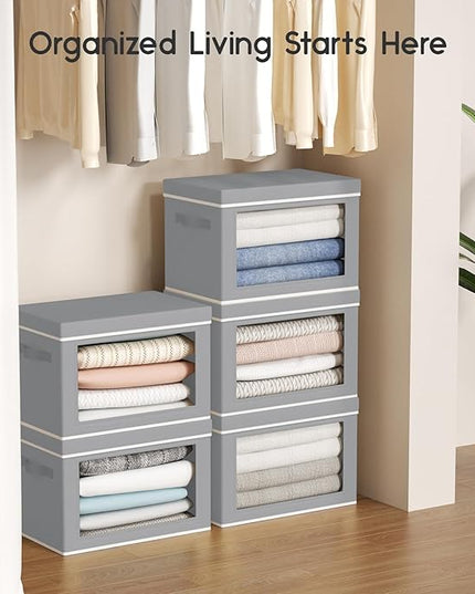 Collapsible Storage Bins with Lids - Stackable Storage Containers with Window, 15.7 Inch Fabric Organizing Bins for Closet, Home & Office Organization Baskets, Grey, 3 Pack