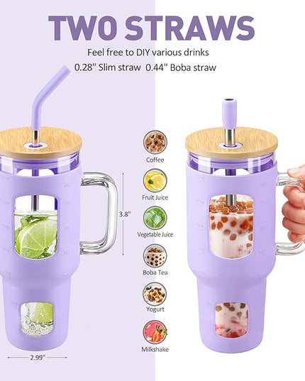Glass Tumbler with Straw and Lid, 40 oz glass cup with handle, Glass Water Bottles with Time Marker, Silicone Protective Sleeve-Purple