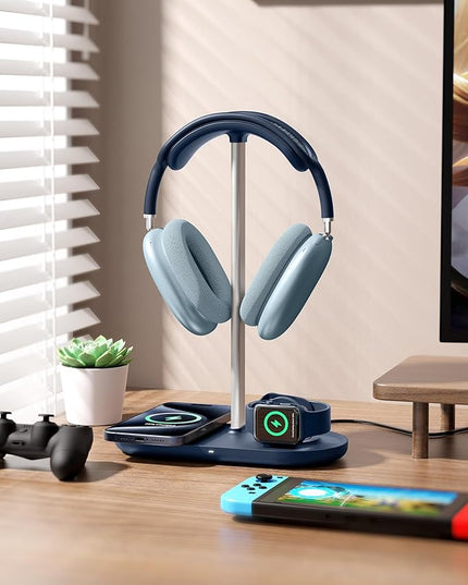 HiWe 3-in-1 Headphone Stand - Universal Desktop Gaming Headset Holder with Wireless Charger for Phones/AirPods/iWatch, Aluminum Alloy Rod, Leather Pad, ABS Solid Base, Blue