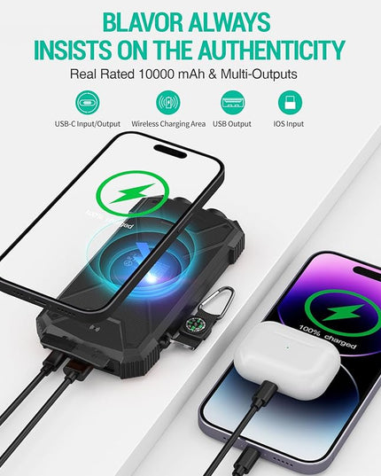BLAVOR Solar Power Bank 10,000mAh, Portable Wireless Charger, 20W Fast Charging External Battery Pack with USB C for Cell Phones, Solar Panel Charging with Dual Flashlight for Camping