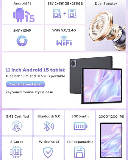 DEZLTID 2025 Tablet 10.4 inch Android 15 Tablets with Keyboard Stylus Mouse: 2K IPS Tablette (2000x1200), 36GB+256GB(1TB TF), 5G/2.4G Dual WiFi, 8-Core 1.6GHz, 8000mAh,8+13MP, Widevine L1- Black