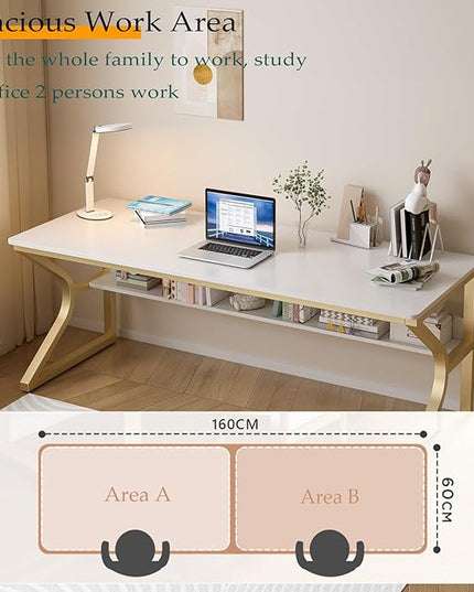 Extra Long Desk with Bookshelf - 63" Double Long Writing Table for 2-Person Workstation, Modern Study Work Computer Desk for Home and Office, Gold